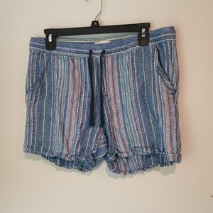 Dash Blue Multi-Color Striped Linen Shorts Medium Drawstring Waist Beach Boho